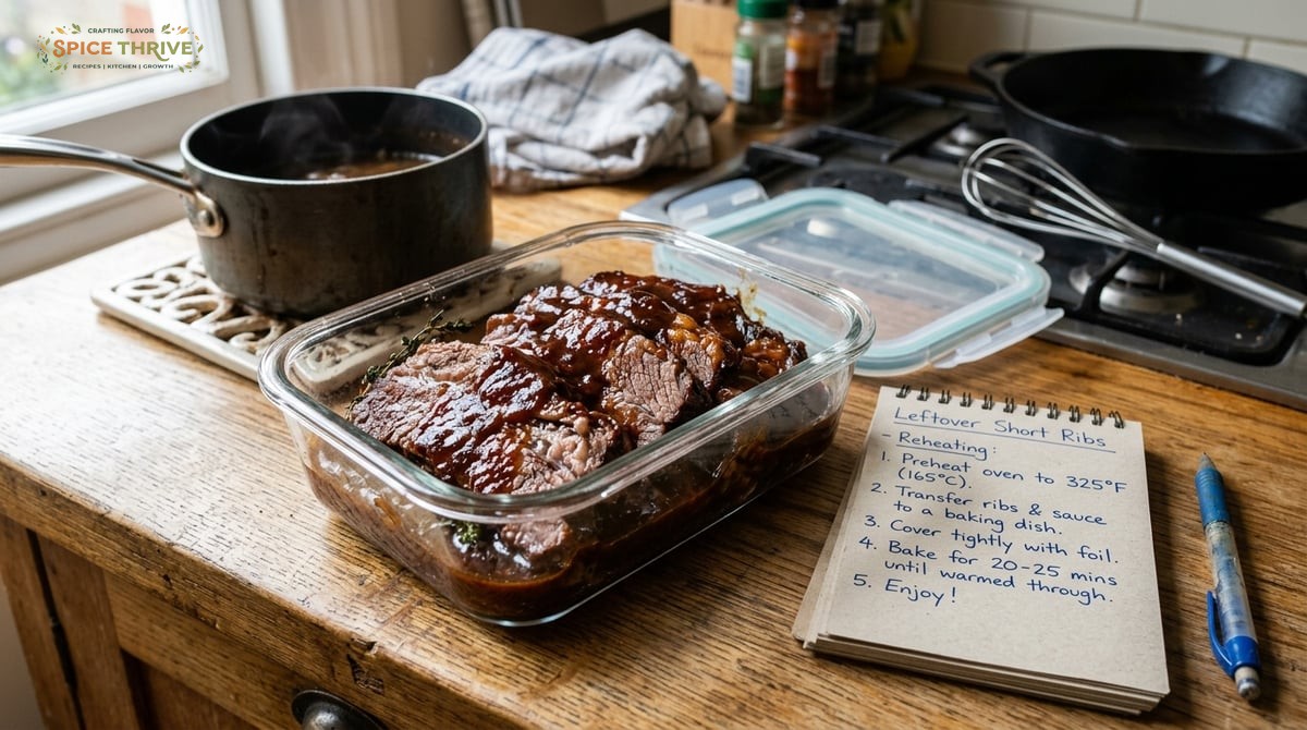 Sliced, leftover beef short ribs stored in a clear glass container, sauce glistening on top, on a wo