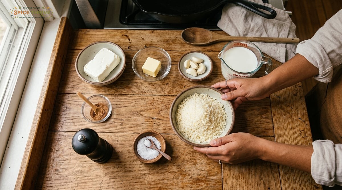 Overhead shot of all Alfredo sauce ingredients measured out in small bowls on a wooden kitchen count