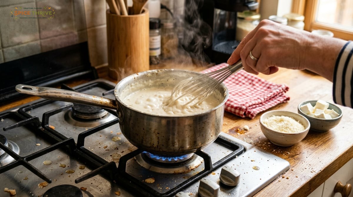A saucepan on a stovetop mid-cooking, showing Alfredo sauce in the process of thickening. A hand whi