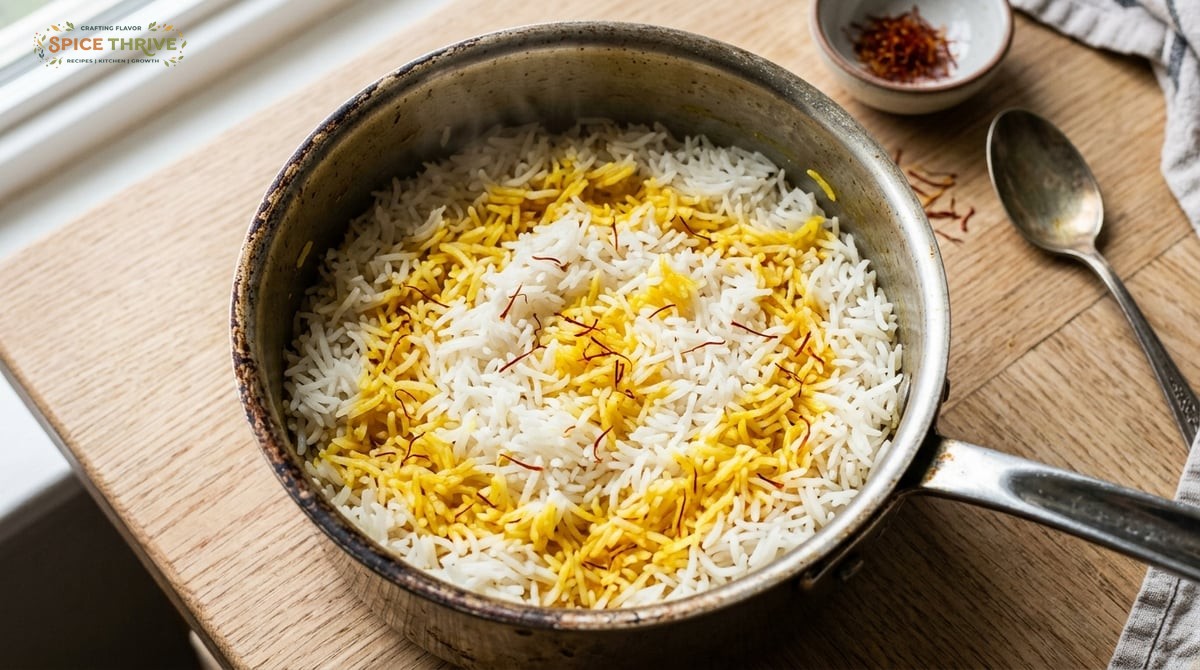 Close-up, overhead photo of a saucepan with rice after saffron threads and saffron water have been a