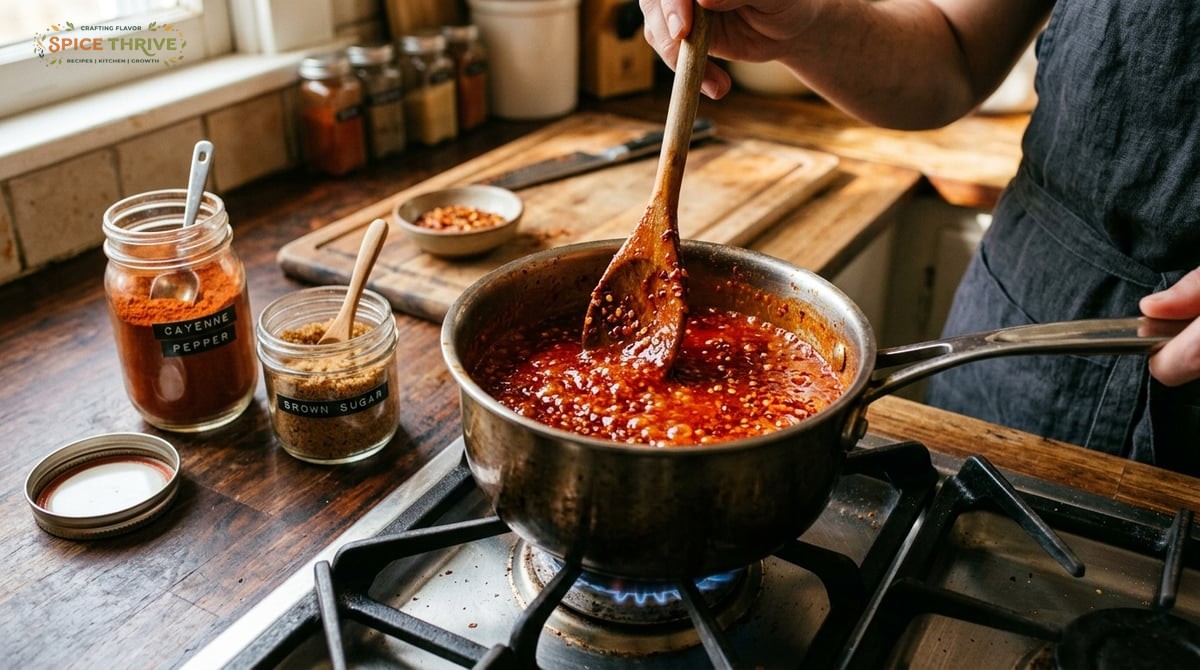 Photo of freshly cooked Nashville hot sauce in a small saucepan on a stove, with a wooden spoon stir