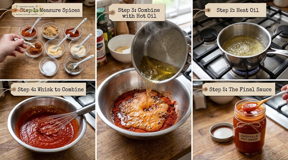 A step-by-step collage of in-process Nashville hot sauce: measuring spices in bowls, heating oil unt