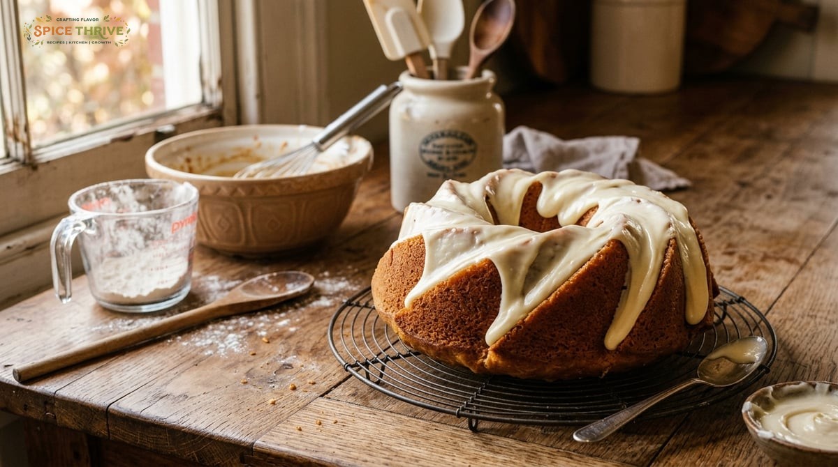 A close-up, photo-realistic shot of a freshly baked, golden brown bundt cake with thick ribbons of c