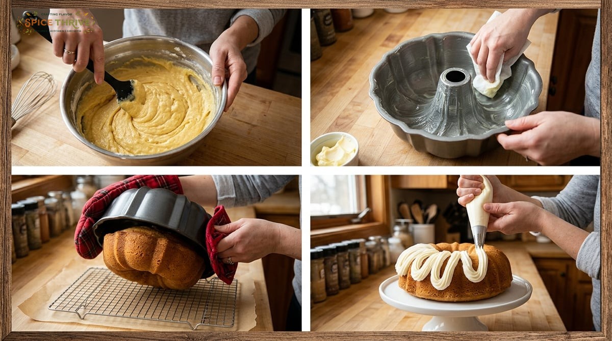 Step-by-step collage photo, showing batter being mixed, a heavily greased bundt pan, cake being inve