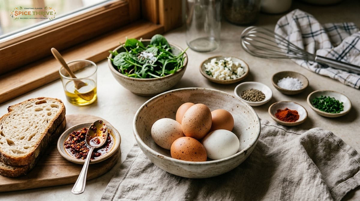 Close-up photo of fresh eggs in a rustic bowl, surrounded by measured ingredients for a posh egg bru