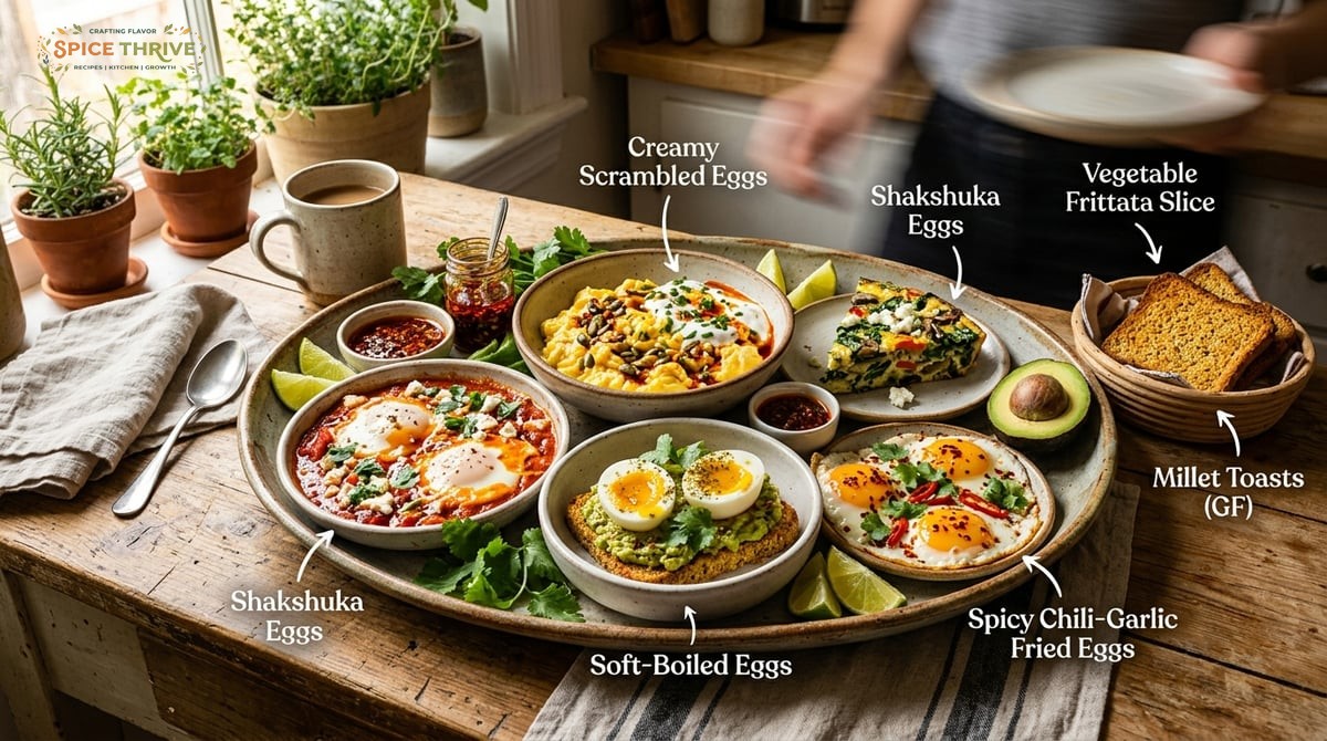 A platter of assorted eg dishes styled with vegetarian, gluten-free, and spicy variations—some with 
