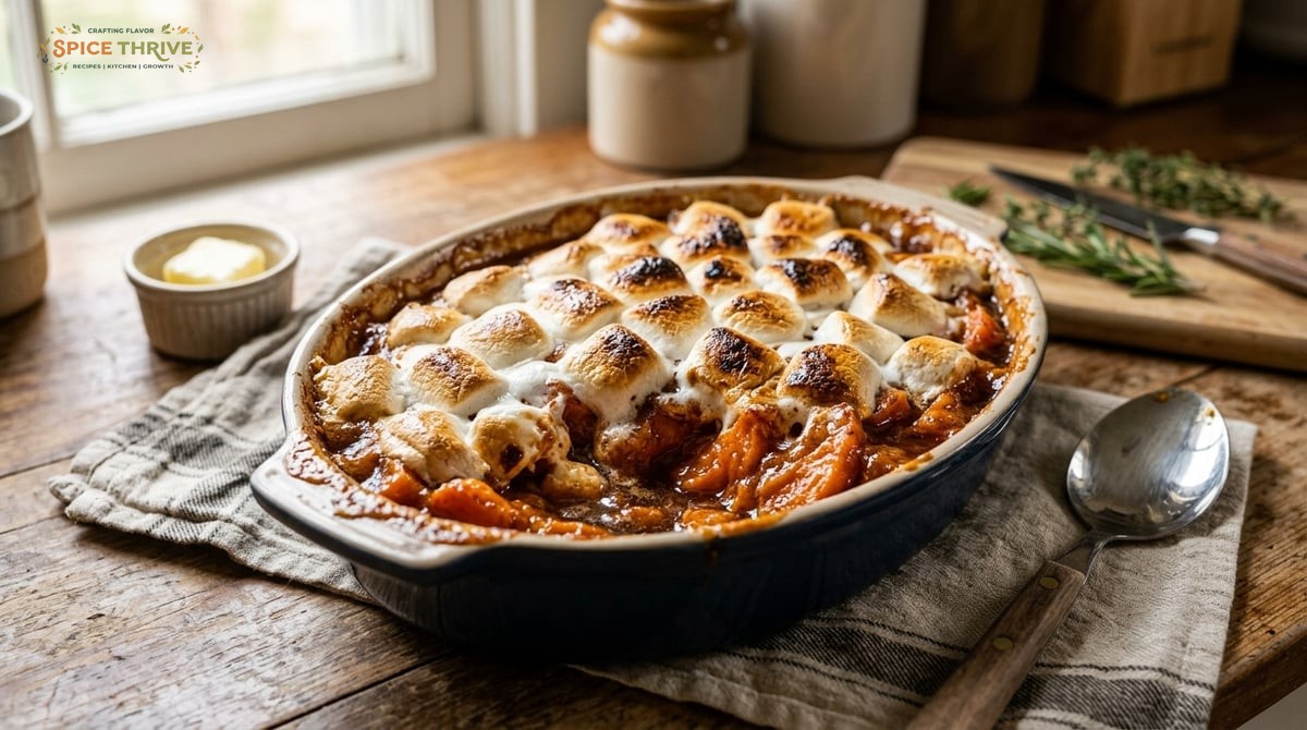 A warm, inviting casserole dish of candied yams with golden toasted marshmallows on top, photographe