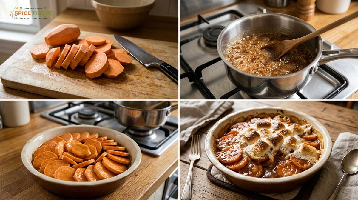 A series of photos: peeled yam slices on a cutting board, the bubbling butter-sugar syrup in a sauce