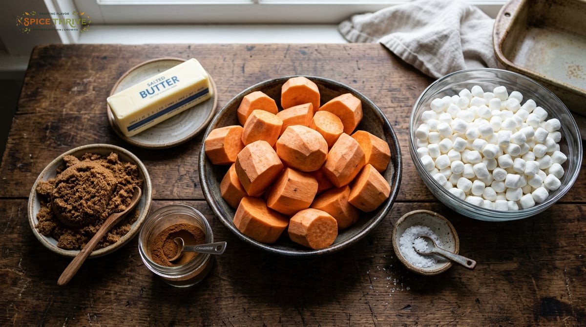A beautiful flatlay of all the raw ingredients for candied yams with marshmallows: peeled and choppe