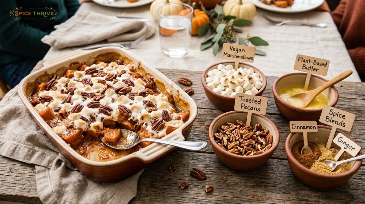 Casserole dish with candied yams next to small bowls showing key swaps: vegan marshmallows, plant-ba