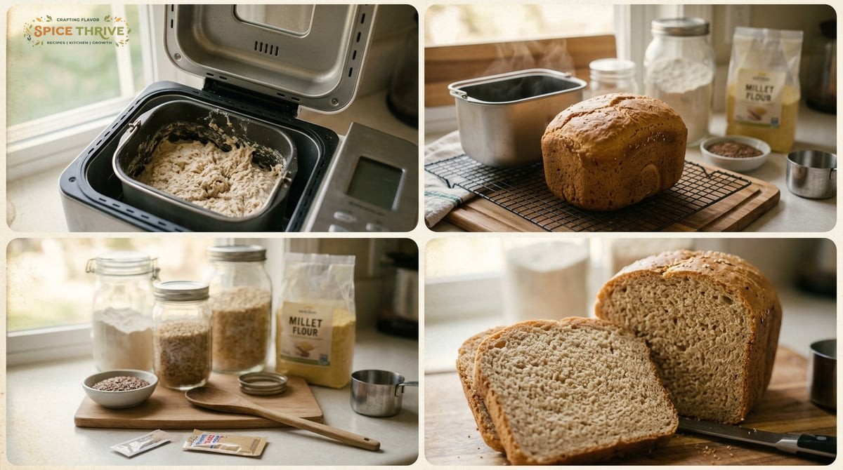 Natural lighting, step-by-step collage: gluten free bread dough in bread maker pan before baking, a 