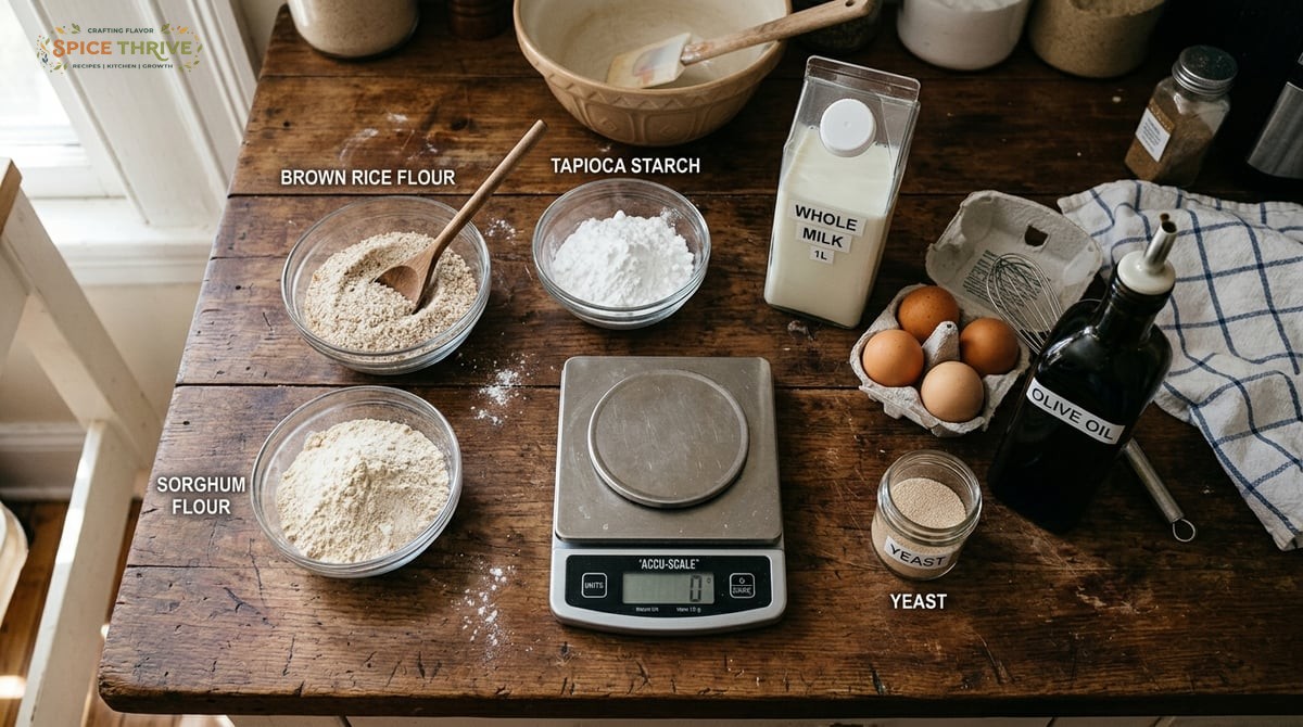 Top-down shot of accurate, real brown rice flour, sorghum flour, tapioca starch in small clear bowls