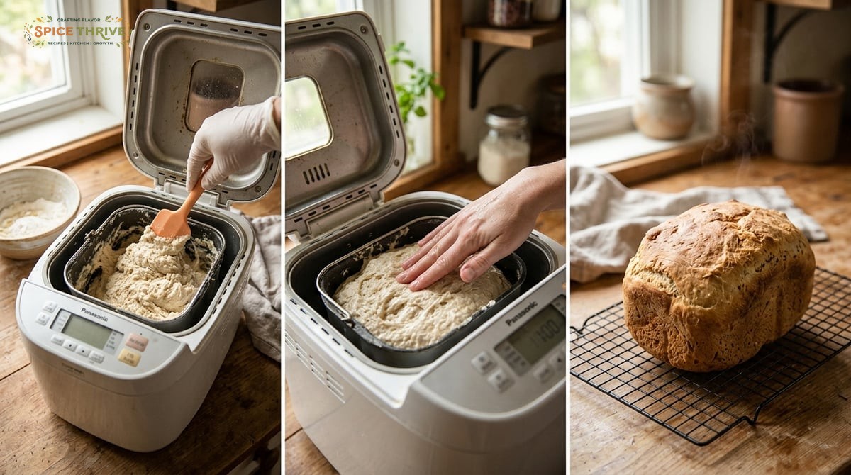 Horizontal step sequence: gluten free dough being scraped down in bread maker, then smoothed with da