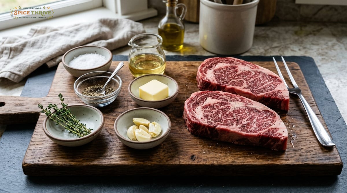 Individual measured ingredients for chuck eye steak laid out in small bowls: coarse kosher salt, gro