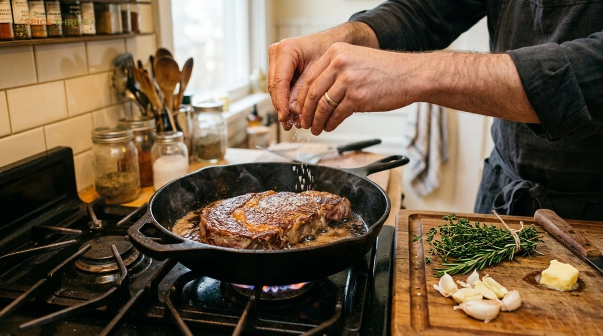 A home kitchen scene with a cast iron skillet on the stove gently searing a thick, marbled chuck eye