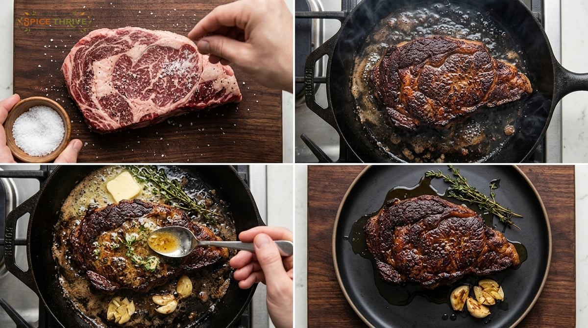 Close-up overhead shots of the chuck eye steak process: raw steak being salted, steak sizzling with 