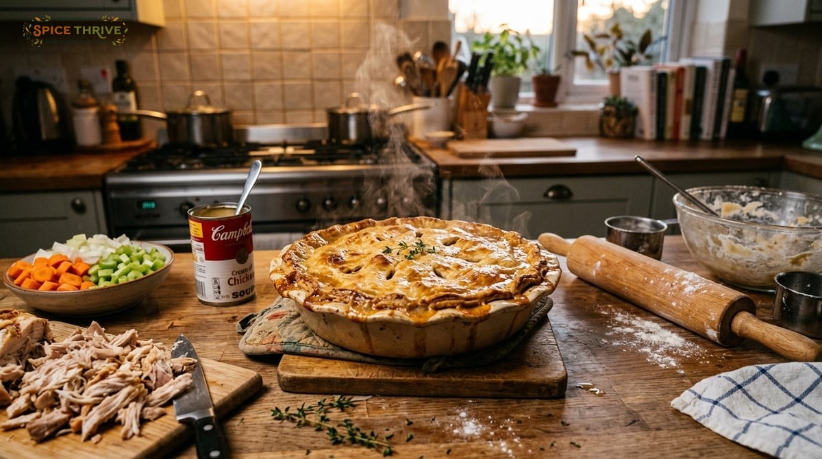 A home kitchen scene with a golden, bubbling chicken pot pie in a rustic pie dish, steam rising, sur
