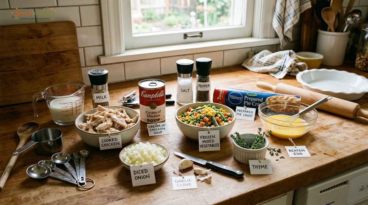 Labeled ingredients for chicken pot pie on a countertop: cooked chicken, a can of cream of chicken s