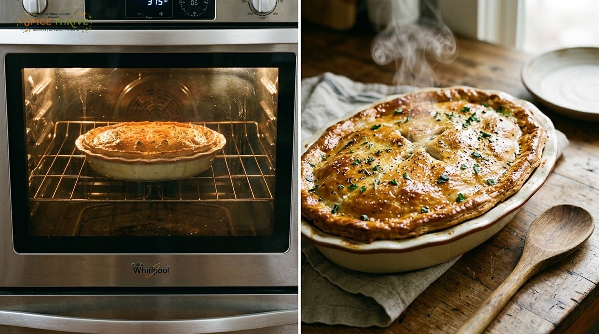 A real home oven with a chicken pot pie inside, crust browning through a glass window. Closeup of th