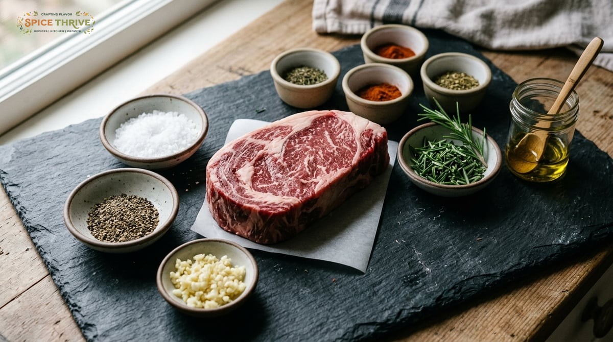 A close up, natural light photo of all ingredients for shell steak roast on a slate background: trim