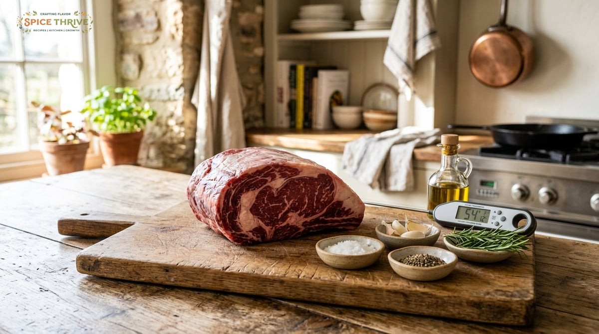 A photo-realistic kitchen scene: raw shell steak roast on a wooden cutting board, next to small bowl
