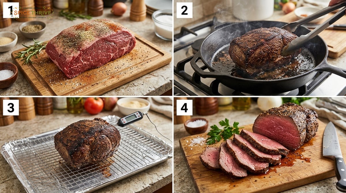 Step-by-step collage: (1) raw roast rubbed with seasoning, (2) searing in a cast iron pan, (3) roast