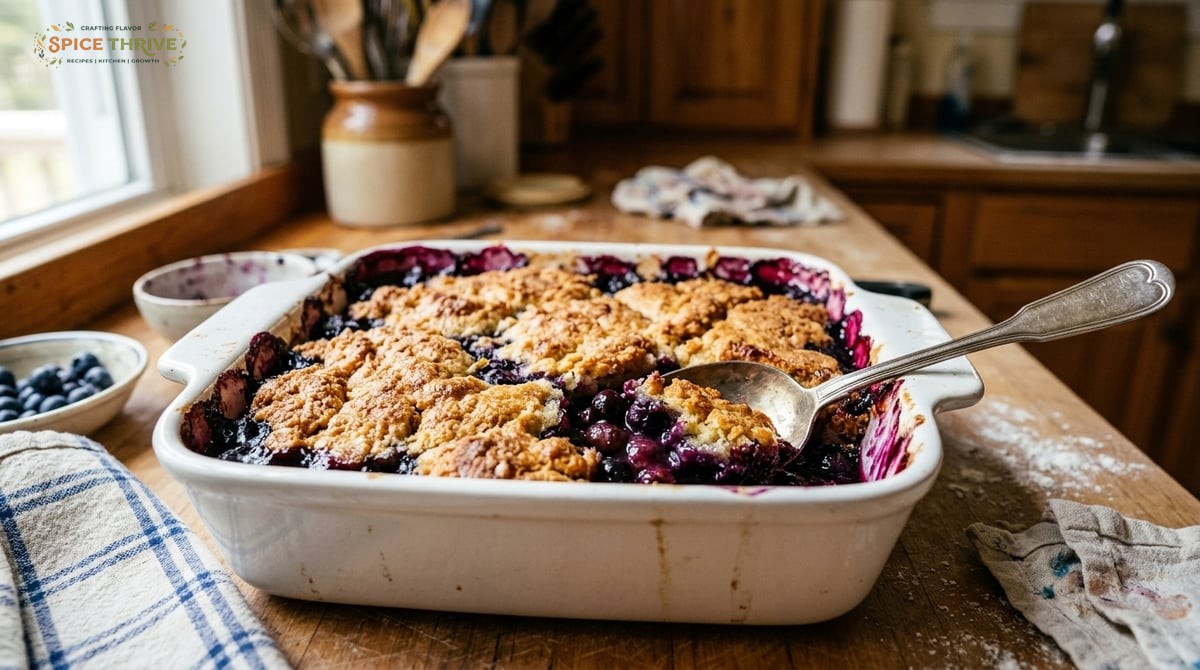 A rustic, golden-brown blueberry cobbler in a white baking dish, with bubbling purple blueberry fill