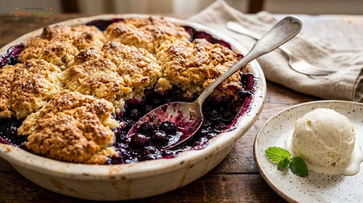 A close-up showing the golden, craggy topping of a blueberry cobbler with a spoonful taken out, reve