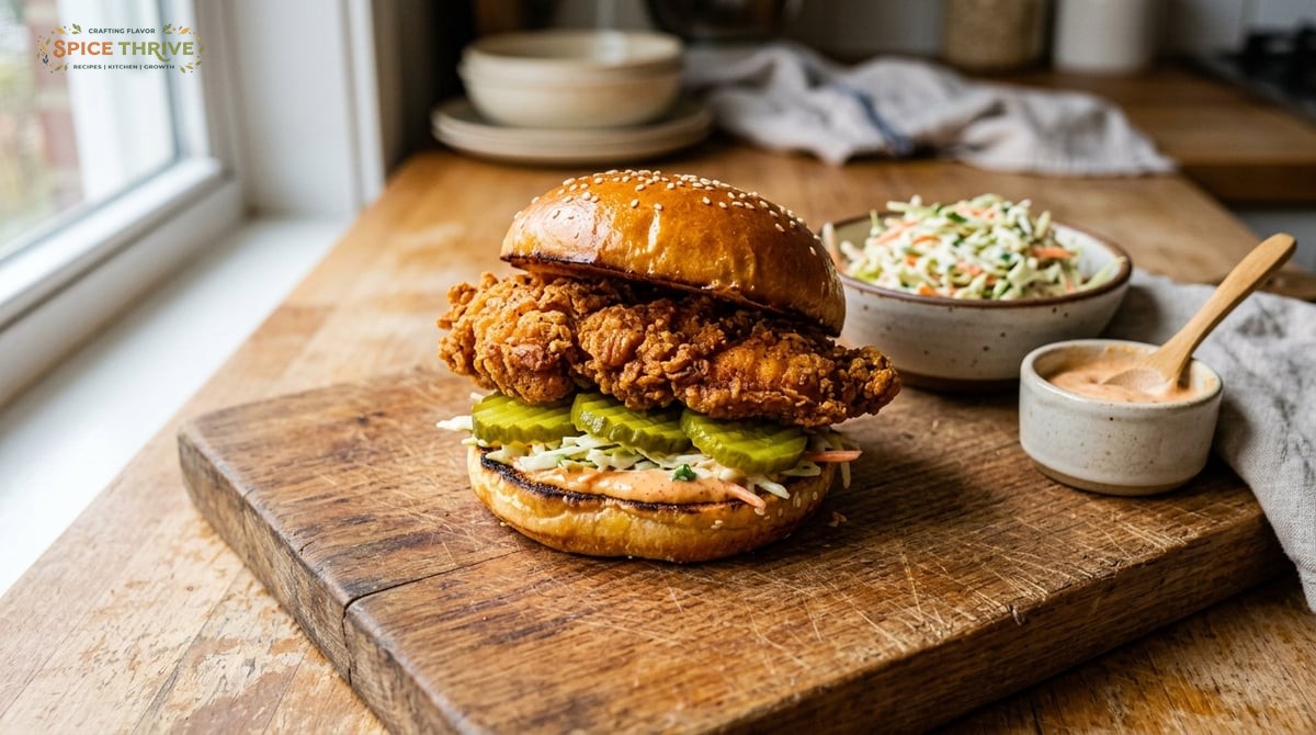 A homemade spicy chicken sandwich on a wooden board, showing the golden brown, extra-crispy chicken 