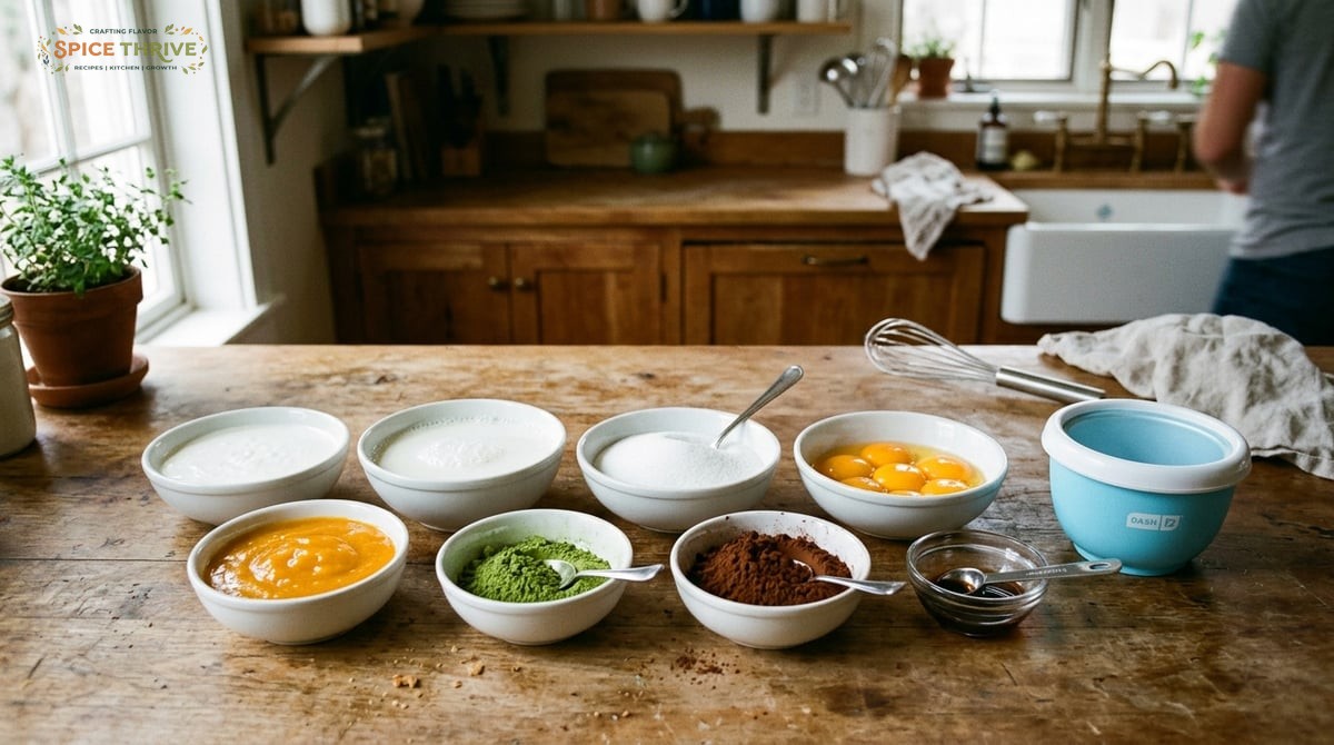 Close up of ice cream making ingredients measured out in bowls: cream, milk, sugar, egg yolks, mango