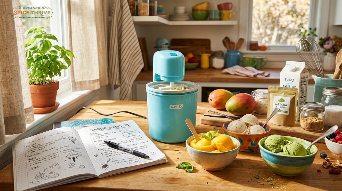 Bright, welcoming kitchen counter with a Dash pint ice cream maker, bowls of colorful homemade ice c