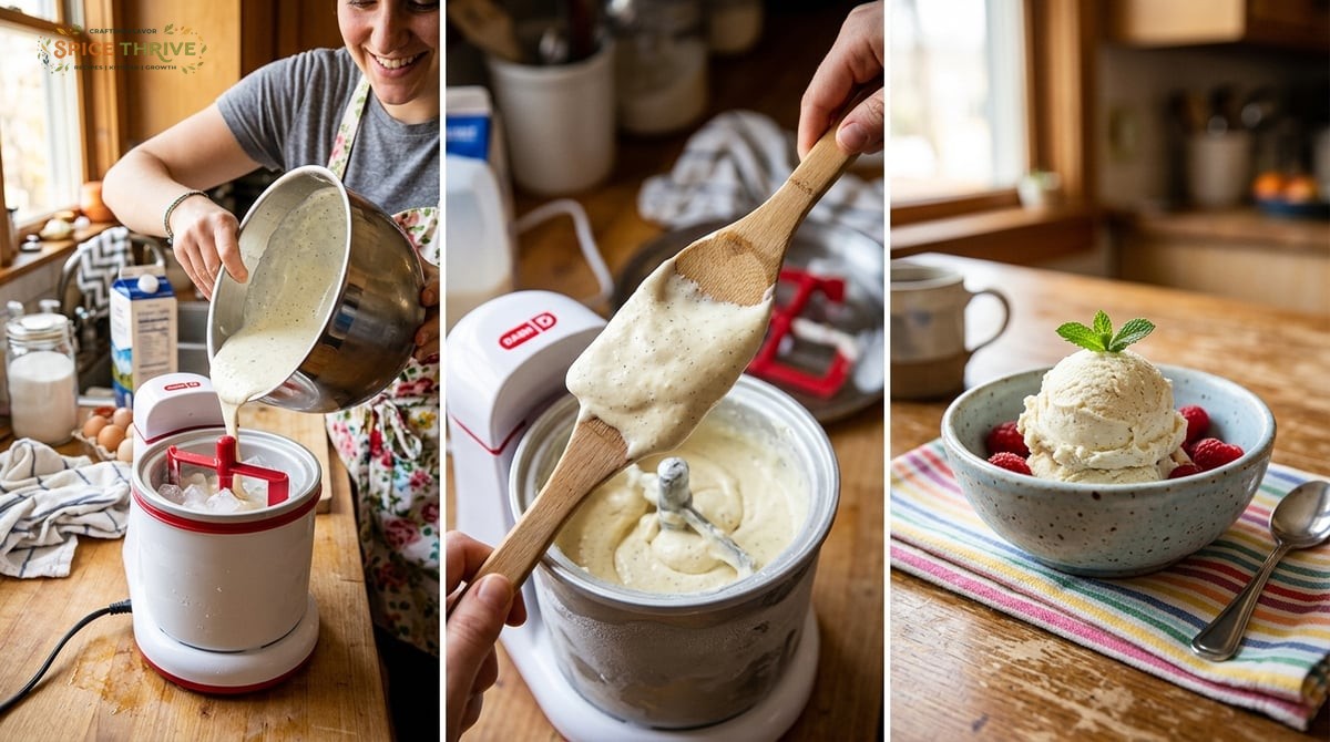 Photo series: (1) pouring cold ice cream mix into Dash machine, (2) thick creamy base coating spatul