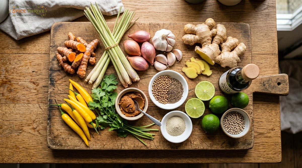 All fresh and dried ingredients arranged on a wooden board: turmeric roots, lemongrass stalks, shall