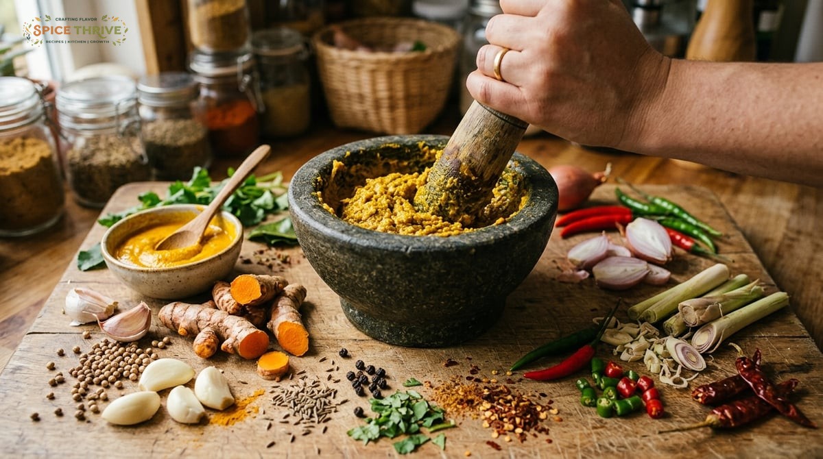 A homemade yellow curry paste being made in a mortar and pestle, surrounded by fresh turmeric root, 