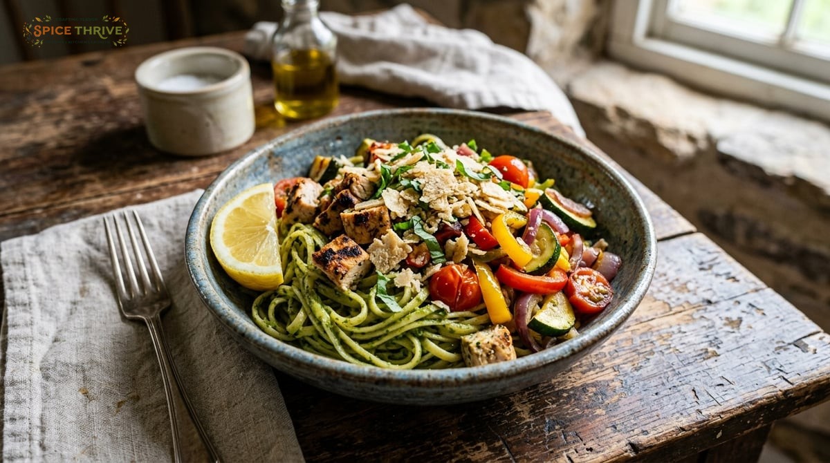 Photo of a vibrant bowl of pesto pasta with several creative toppings: diced grilled chicken, sautee