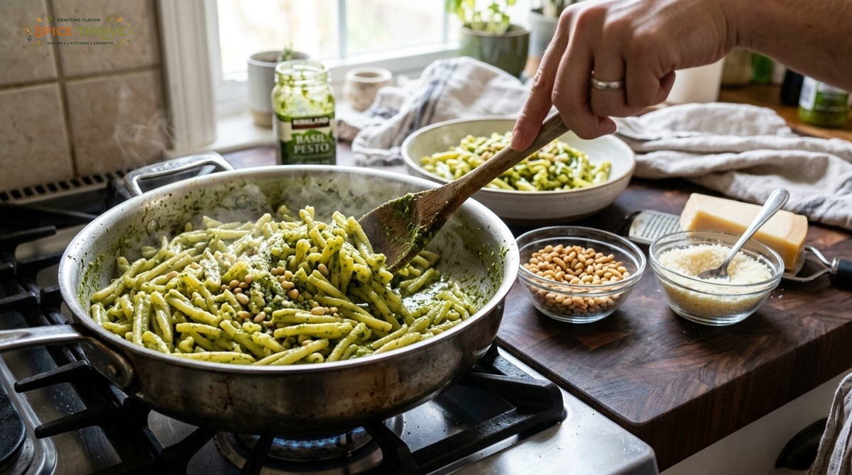 In-process kitchen photo of making Costco pesto pasta: cooked short pasta being tossed in a large pa