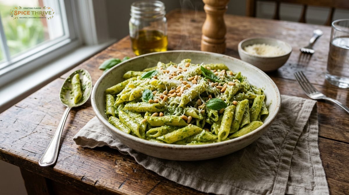 Real kitchen photo of a large bowl of creamy Costco pesto pasta, steam rising, tossed with glistenin