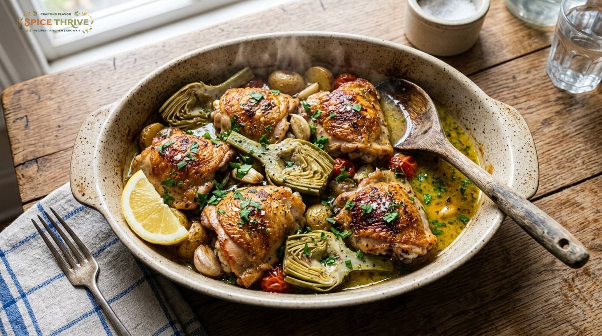 A steaming dish of chicken thighs with golden, crisped skin, surrounded by artichoke hearts and drap