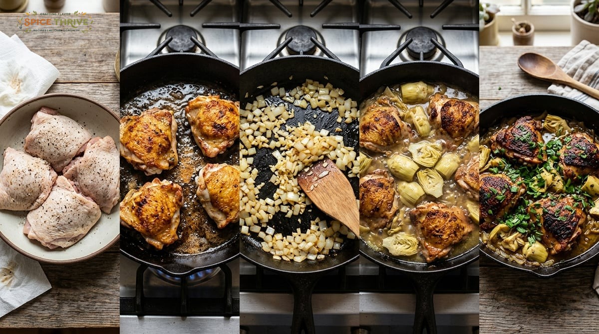 Step-by-step photos: raw chicken thighs patted dry, chicken sizzling in a skillet with golden skin, 