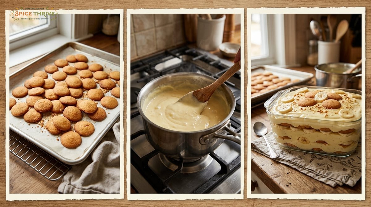 Photo collage: Toasted vanilla wafers on a baking sheet, thickened custard in a saucepan, layered ba