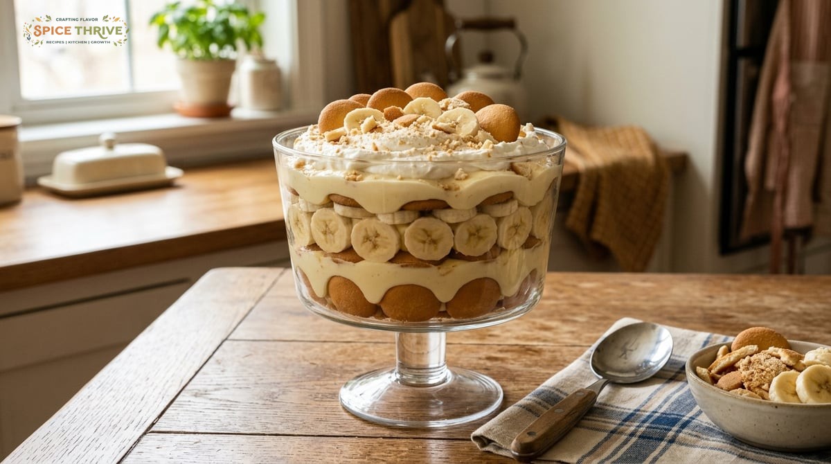 A high-resolution, natural light photo of a home-style banana pudding in a clear glass trifle bowl. 