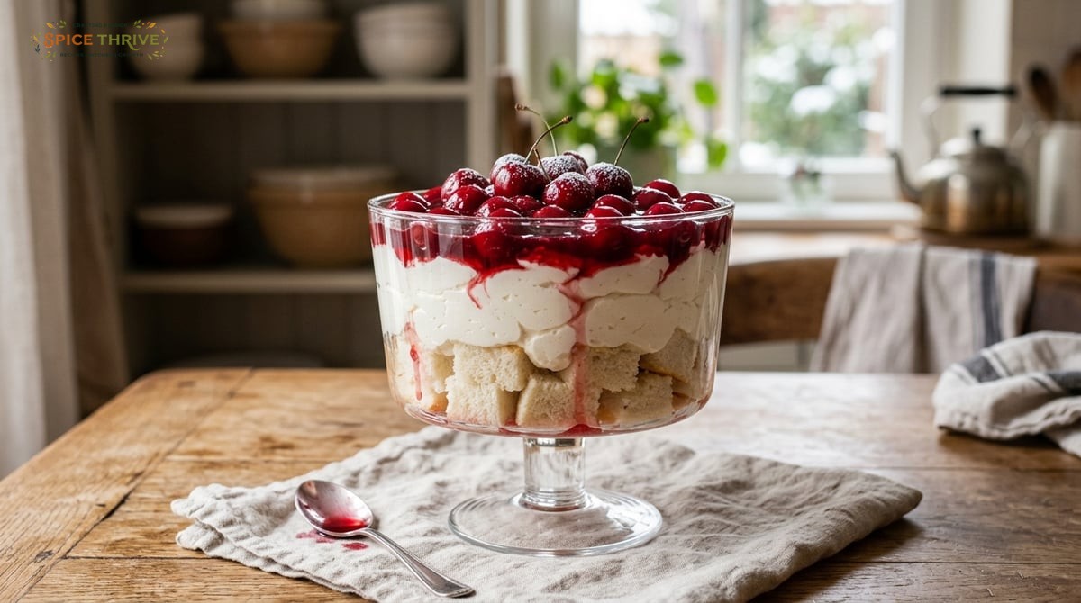 A close-up, natural light photo of cherries in the snow dessert in a clear trifle dish. The dessert 