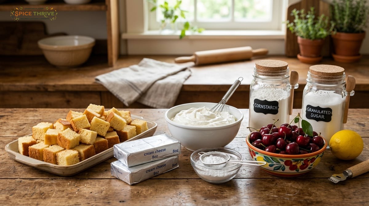 All recipe ingredients measured and arranged on a wooden kitchen countertop: cubed pound cake on a t
