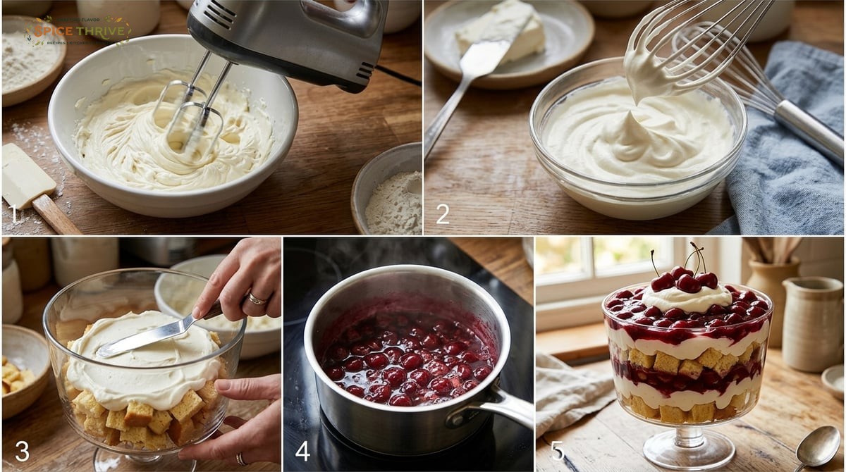 A step-by-step collage: (1) beating cream cheese until smooth, (2) whipped cream at soft peaks, (3) 