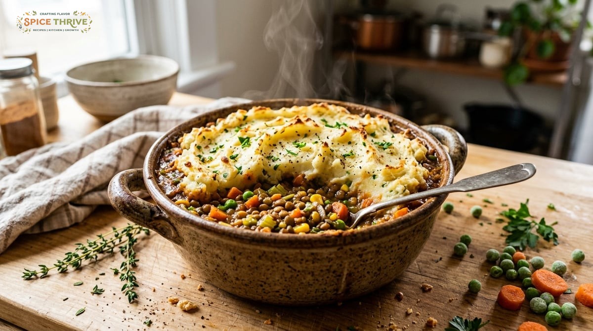 A rustic crockpot filled with vegan shepherd's pie: colorful vegetable and lentil filling, topped wi