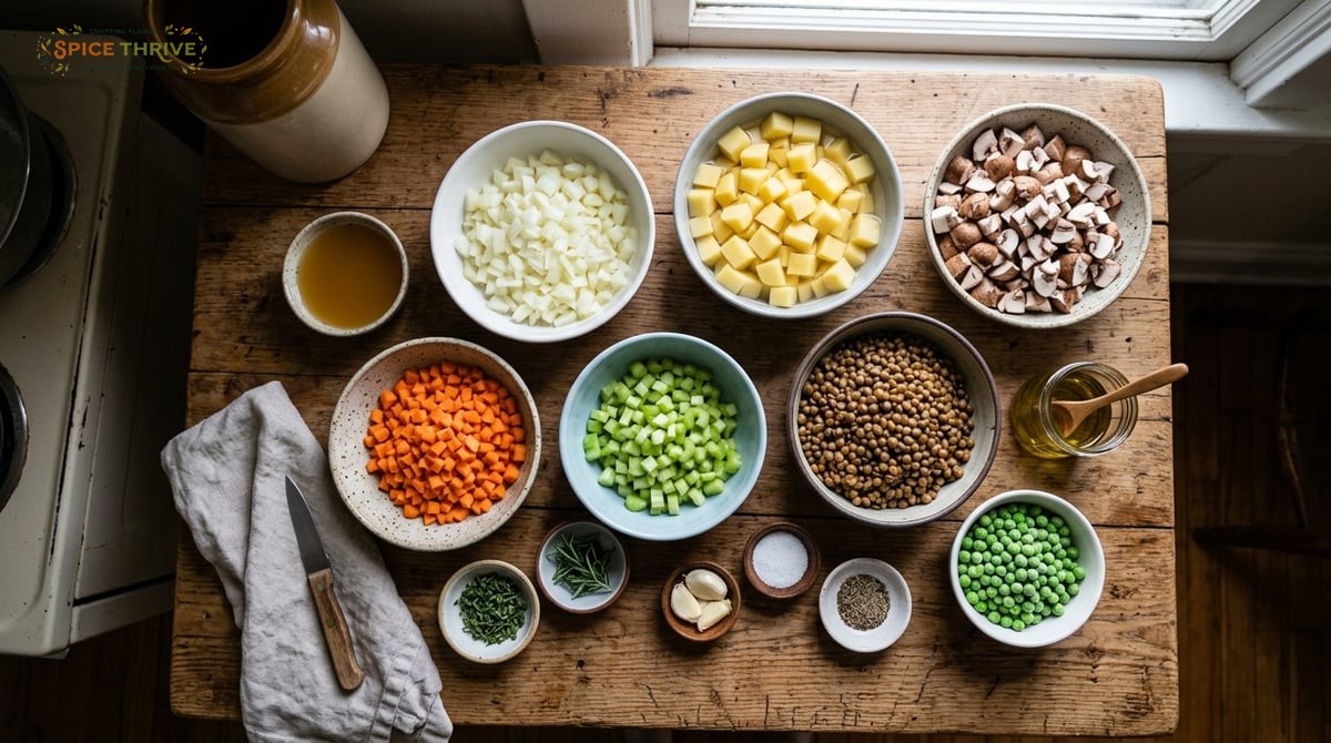 A flat lay of prepped ingredients for vegan gluten free shepherd's pie: bowls of diced carrots, cele