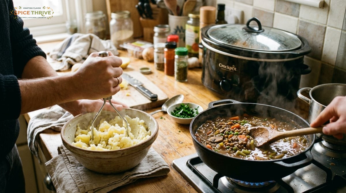 A casual in-process kitchen scene: steaming crockpot in the background, hand mashing potatoes in a b