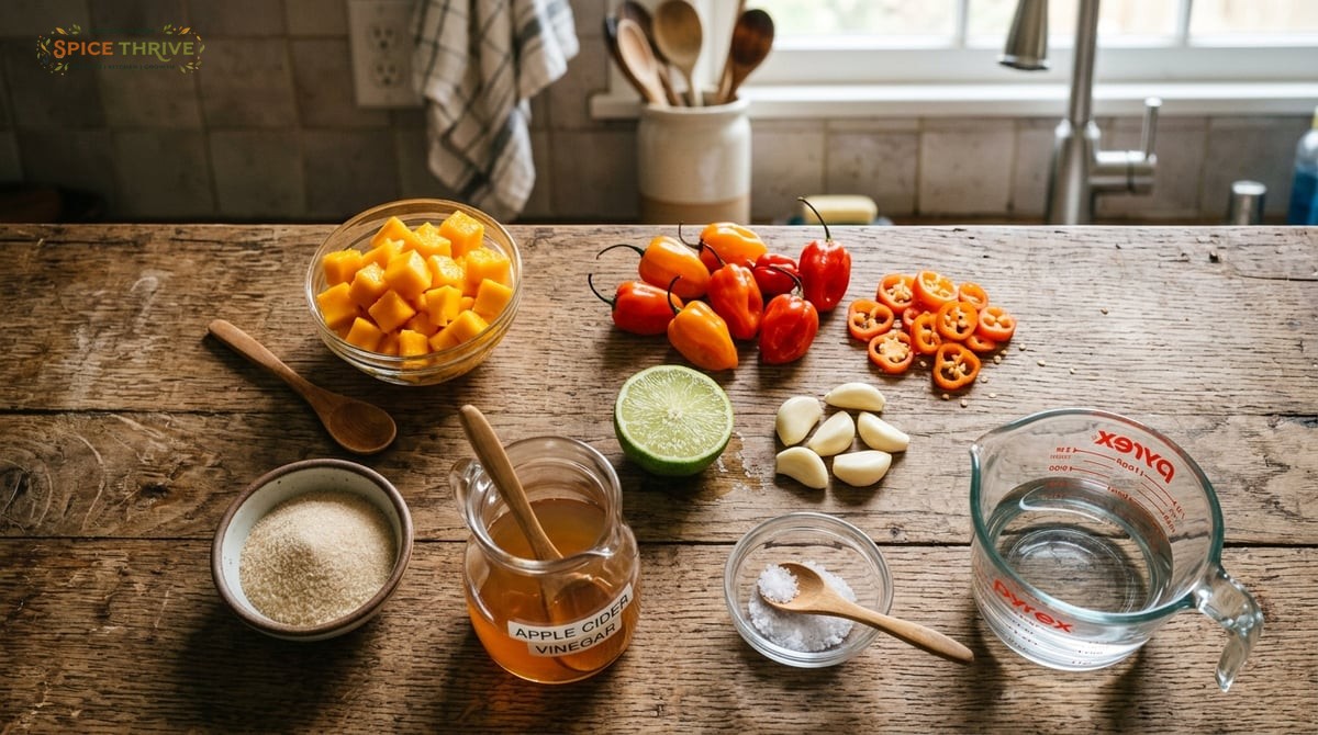 Flat lay of all mango habanero sauce ingredients on a wooden countertop: fresh diced mango, whole an