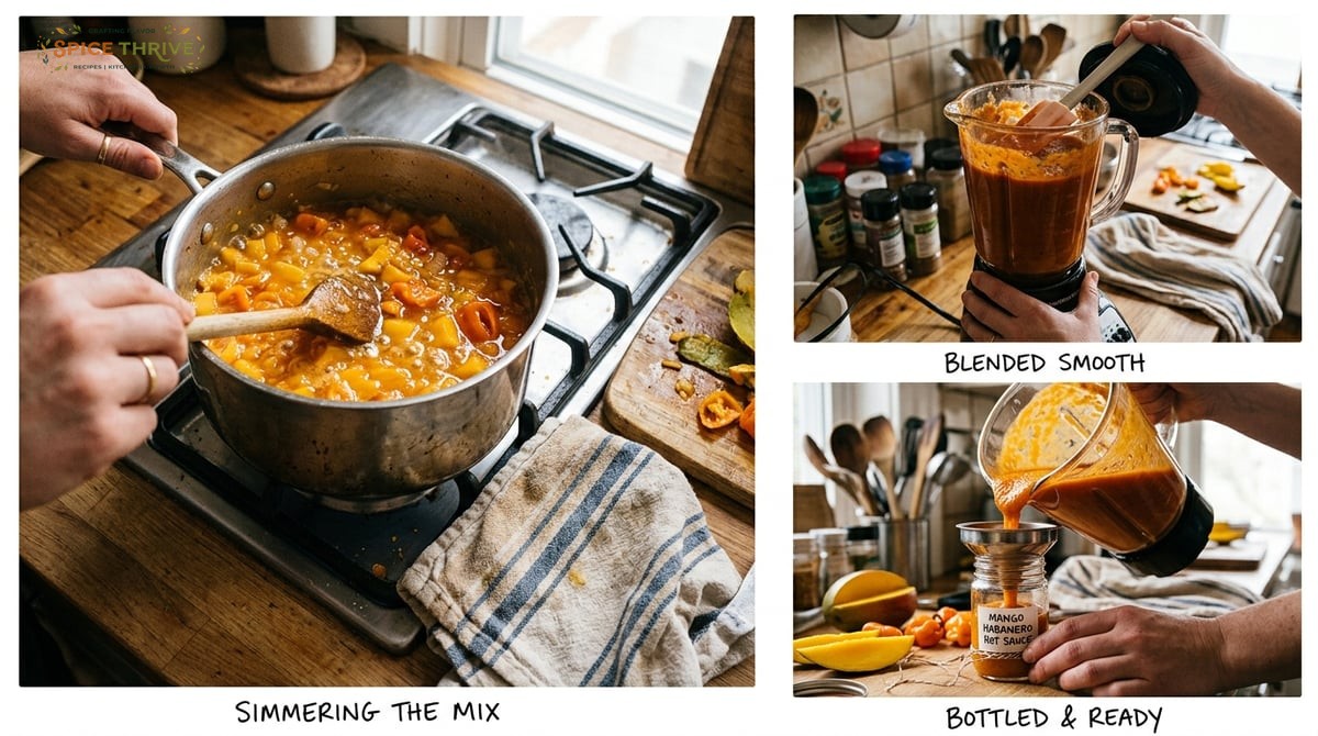 Step-by-step kitchen collage: one photo of a saucepan with simmering orange mango habanero mix; anot
