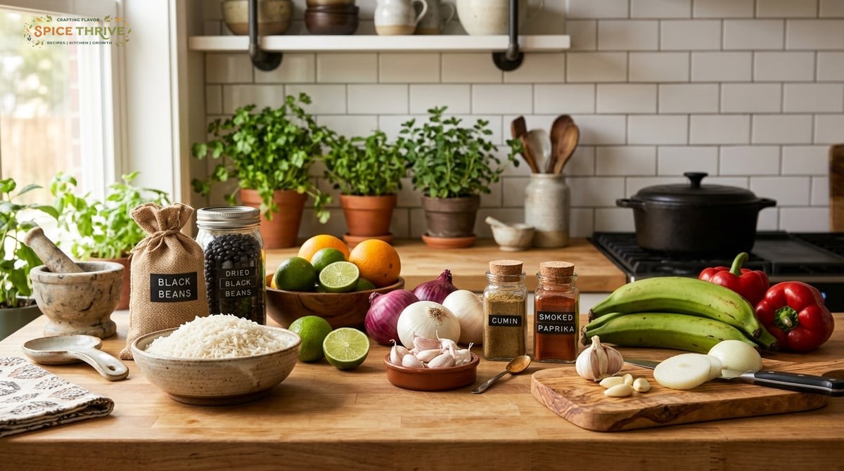 A tidy kitchen counter displaying Cuban ingredients: a bowl of white rice, bags of dried black beans